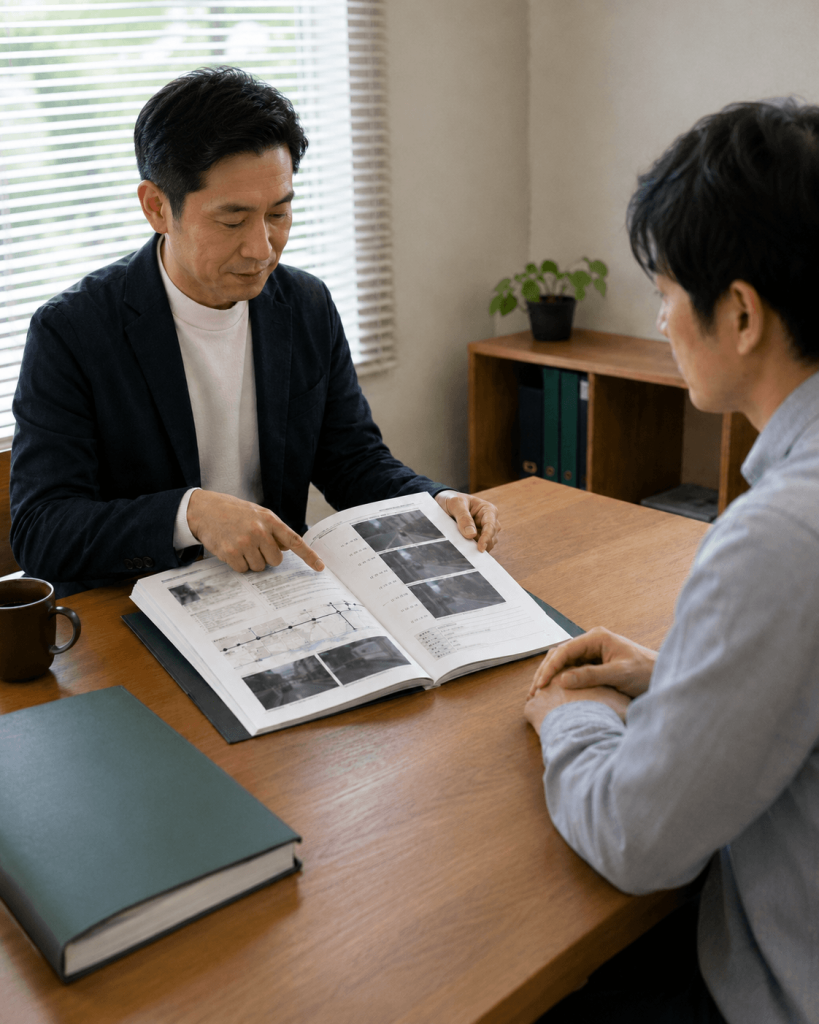 報告書を見ながら浮気・不倫の調査報告内容の説明を受けている様子