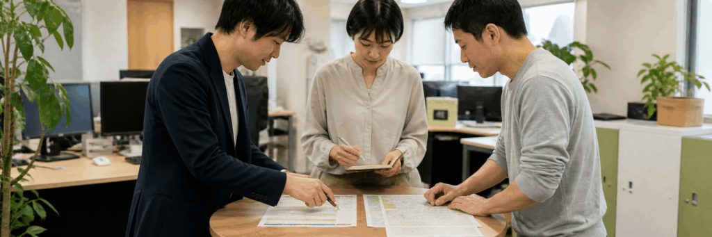 調査方針を打ち合わせる自社調査チーム