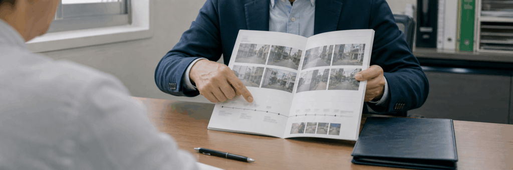 写真と時系列をまとめた調査報告書の説明
